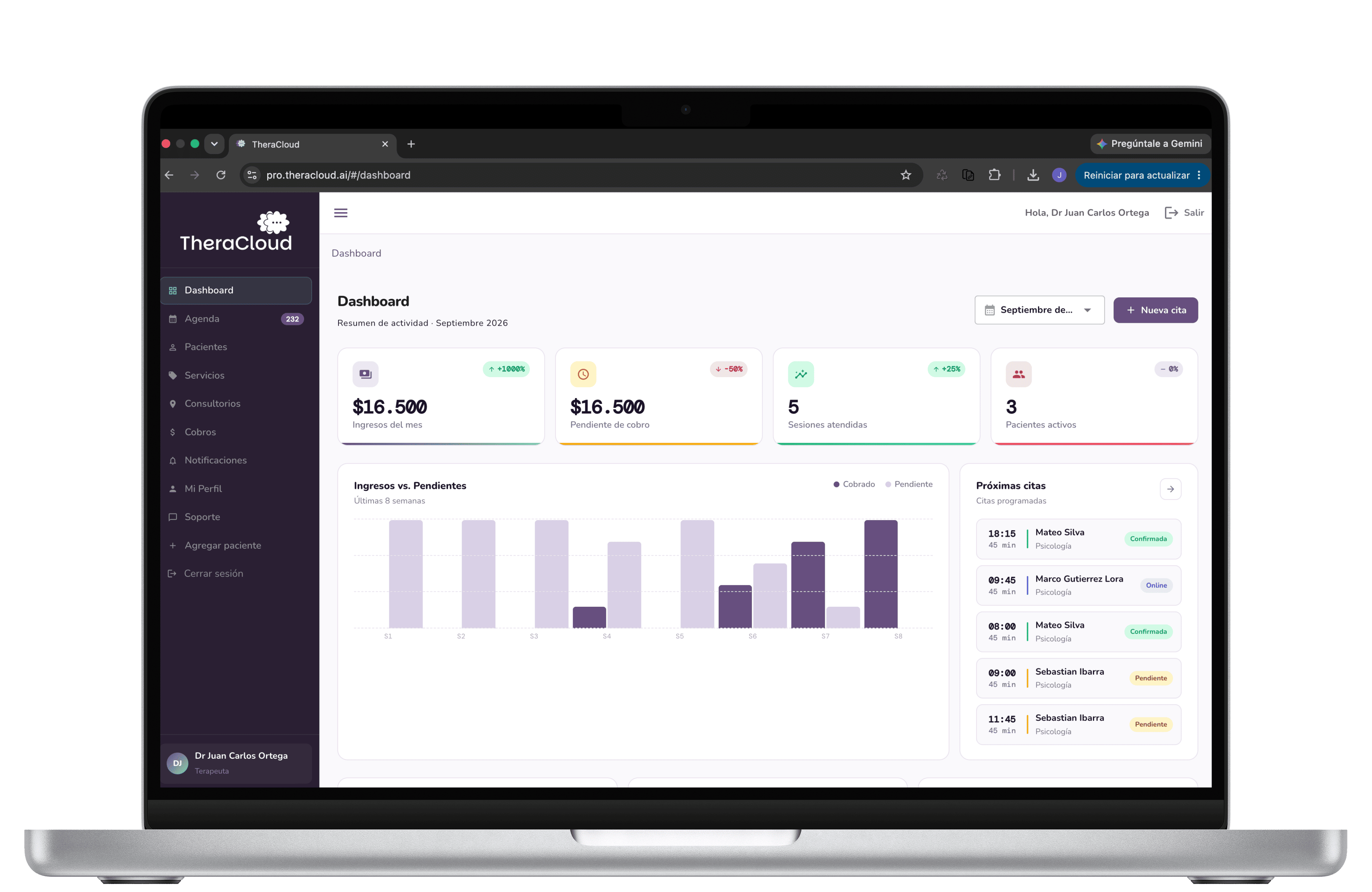 Software para psicólogos TheraCloud: panel con ingresos del mes, sesiones atendidas y próximas citas del consultorio