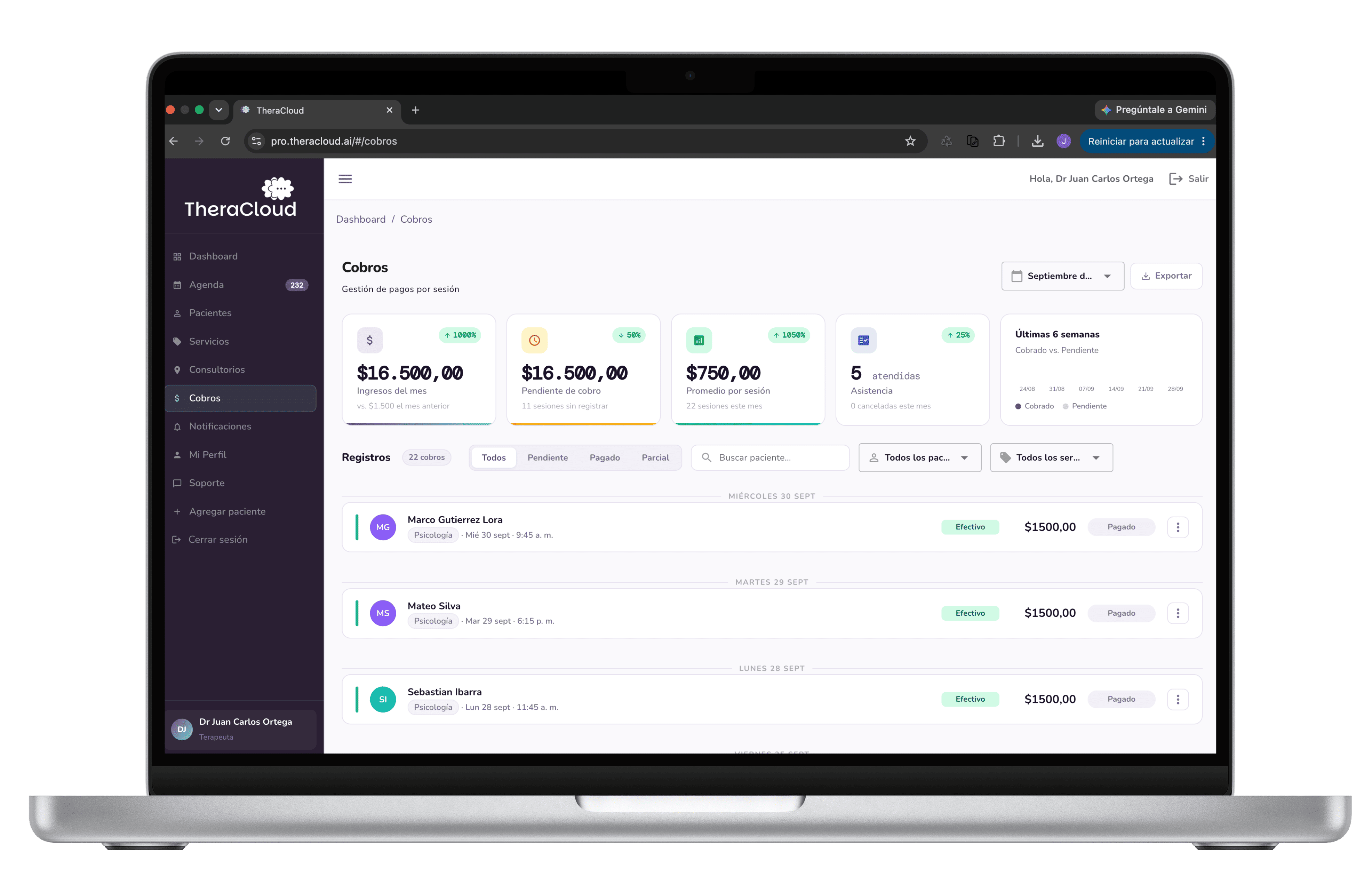 Control de cobros por sesión en TheraCloud, con ingresos del mes, promedio por sesión y estado de pago de cada paciente